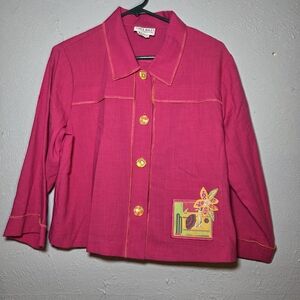 Vibrant Pink Button-Up Blouse with Floral Detail